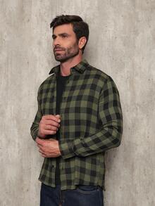 Men's Flannel Plaid Shirt, Long Sleeve Blouse - Army Green - View 2