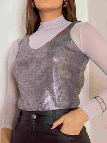 Metallic Knit Tank Top For Women, Backless Knit, Metallic Knit Nightwear - Silver - View 2