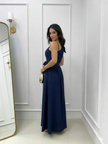 Women's Long Dress With Thin Straps And Bow, Elegant, Chic Party, Wedding, Graduation, Modest Fashion, Padded Bra. - Navy Blue - View 2