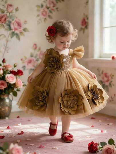 Baby Girls Sleeveless Sequin 3D Floral Mesh Cute Princess Dress, Suitable For Flower Girl, Wedding, Party, Outing, Does Not Include Headband