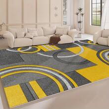 1pc Modern Stylish Gray & Yellow Geometric Circle Pattern Rug. Velvet Fabric, Approx. 850g, 0.6cm Thick. Durable, Anti-Slip, Easy To Clean. Multiple Sizes Available. Suitable For Kitchen, Living Room, Dining Room, Bedroom, Balcony, Bathroom, Study, And More. An Ideal Home Decor Choice. - Multicolor - View 3