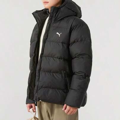 Puma Chaqueta deportiva de algodón negro para exteriores, Chaqueta acolchada de poliéster, Abrigo acolchado con capucha corto y grueso resistente al viento, Se sugiere pedir una talla talla grande grande, 684120-01