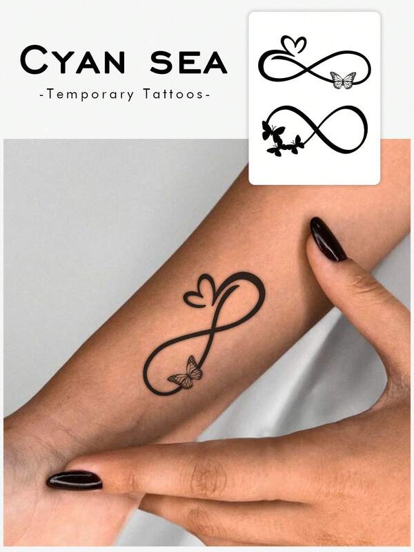A Realistic Waterproof Semi-Permanent Temporary Tattoo Sticker For Valentine's Day With Infinity Symbols, Hearts, And Butterflies. Lasts 7-15 Days And Perfect For Girls.
