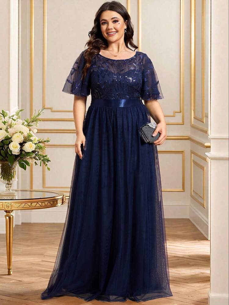 EVERPRETTY Plus Size Elegant Navy Blue Mesh Sequin Fitted Dress, Suitable For New Year Party, Spring/Summer Wedding Guest, Party Formal, Mother Of The Bride, Prom Gown