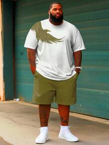 Plus Size Men's Casual Ombre Eagle Print Short Sleeve Shirt & Shorts Set - Multicolor - View 1