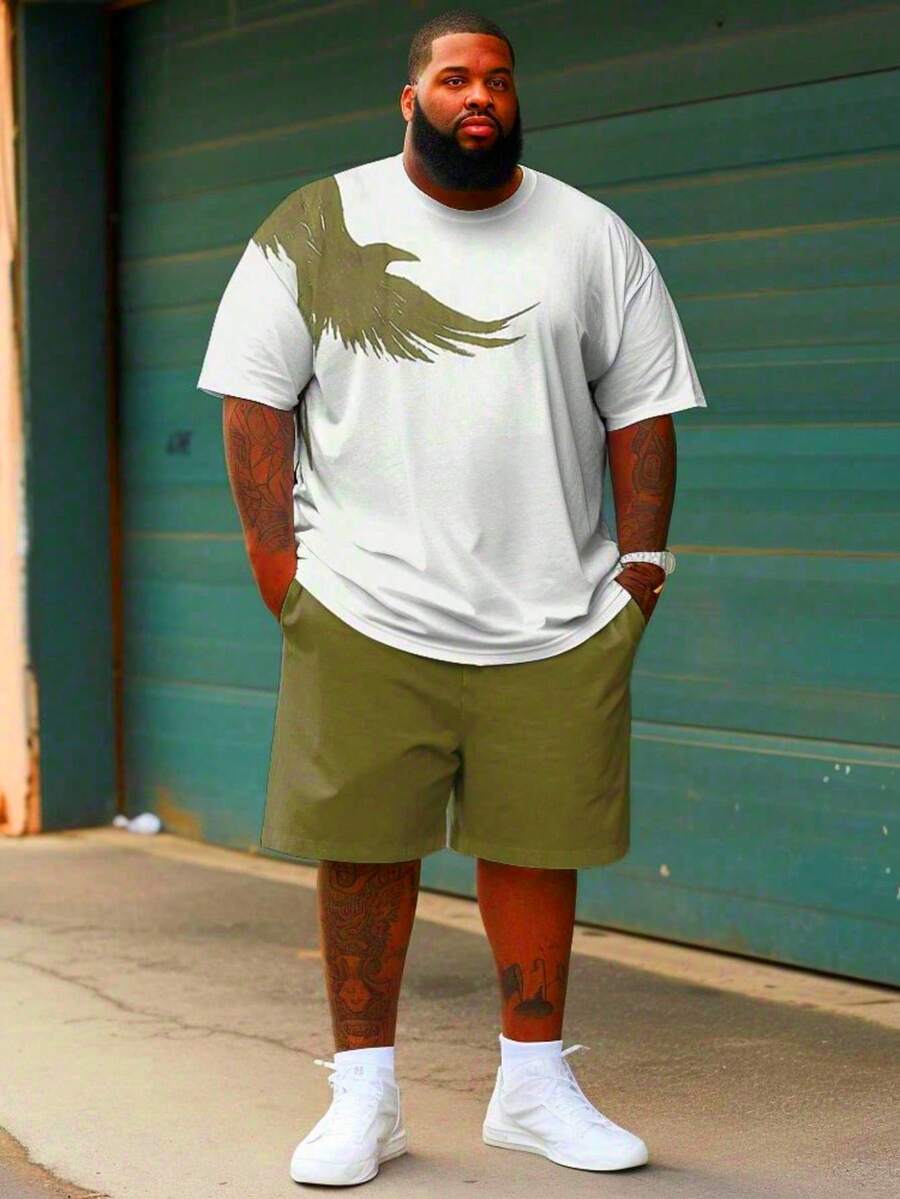 Plus Size Men's Casual Ombre Eagle Print Short Sleeve Shirt & Shorts Set - Multicolor - View 1
