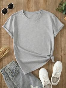 Plus Size Women's "Pray On It, Over It, Through It" Pink Text Graphic T-Shirt,220g 100% Cotton,Soft And Breathable Casual Short Sleeve Top,Easy To Style For Summer Going Out Or Everyday Comfort - 淺灰色 - 查看 2