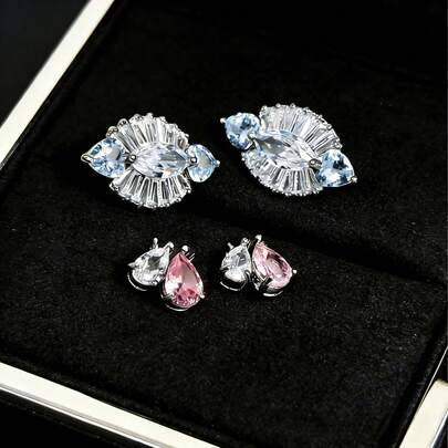 优雅彩色宝石耳环套装 - 海蓝宝石扇形耳环 + 粉钻水滴形耳环，低过敏性材质，奢华设计，适合日常佩戴和送礼