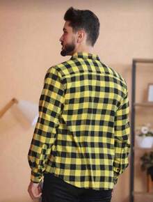 Men's Flannel Plaid Shirt, Long Sleeve Blouse - 黃色 - 查看 3