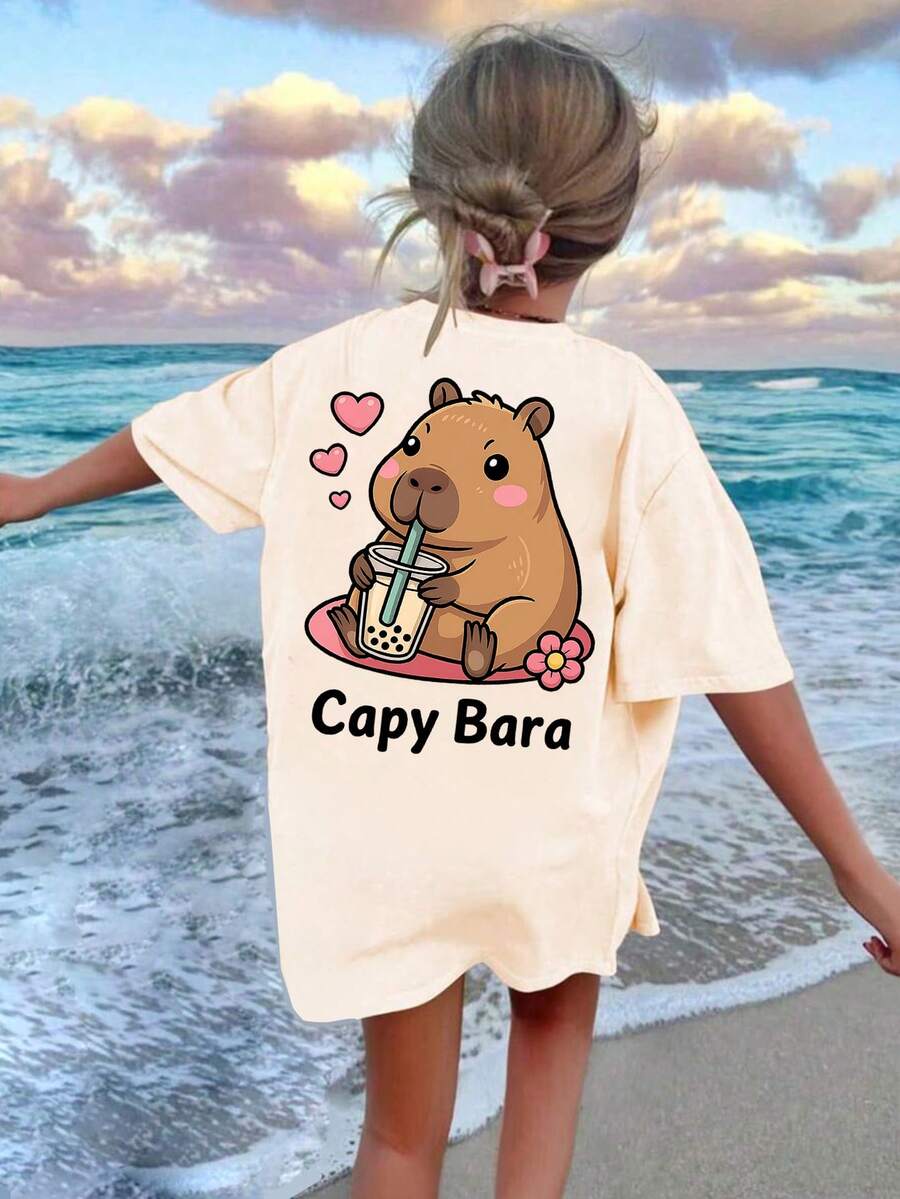 Tween Girls' Casual Pink Graphic Print Round Neck Short Sleeve T-Shirt, Summer Top - Apricot - View 1