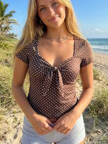 Women's Dot Sweetheart Neck Tops Cute Short Sleeve Front Knot Tie Up Shirt Retro French Blouse - 咖啡色 - 查看 2