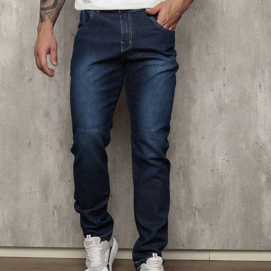 Men's Skinny Jeans With Elastane - Dark Wash - View 1