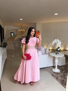 Women's Long Dress With Short Sleeves – A-Line Style With Pockets - Rosa Pálido - Ver 2