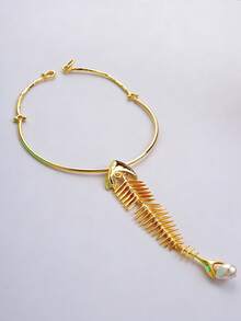 复古奢华精致鱼骨珍珠吊坠项链，夸张个性时尚颈链，夸张奢华，个性化几何仿宝石项链，适合女士日常及宴会佩戴 - 金色 - 查看 3