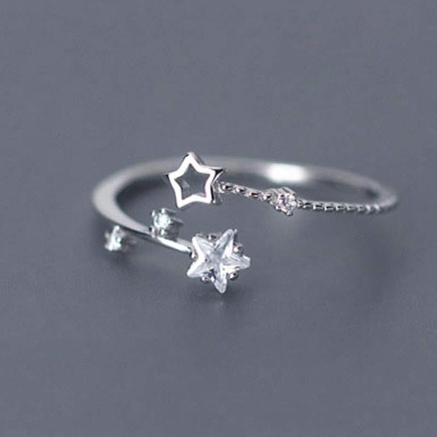 HuooNew 1pc Minimalist 925 Sterling Silver Star Open Ring, Adjustable Size Gift For Women - Silver - View 1