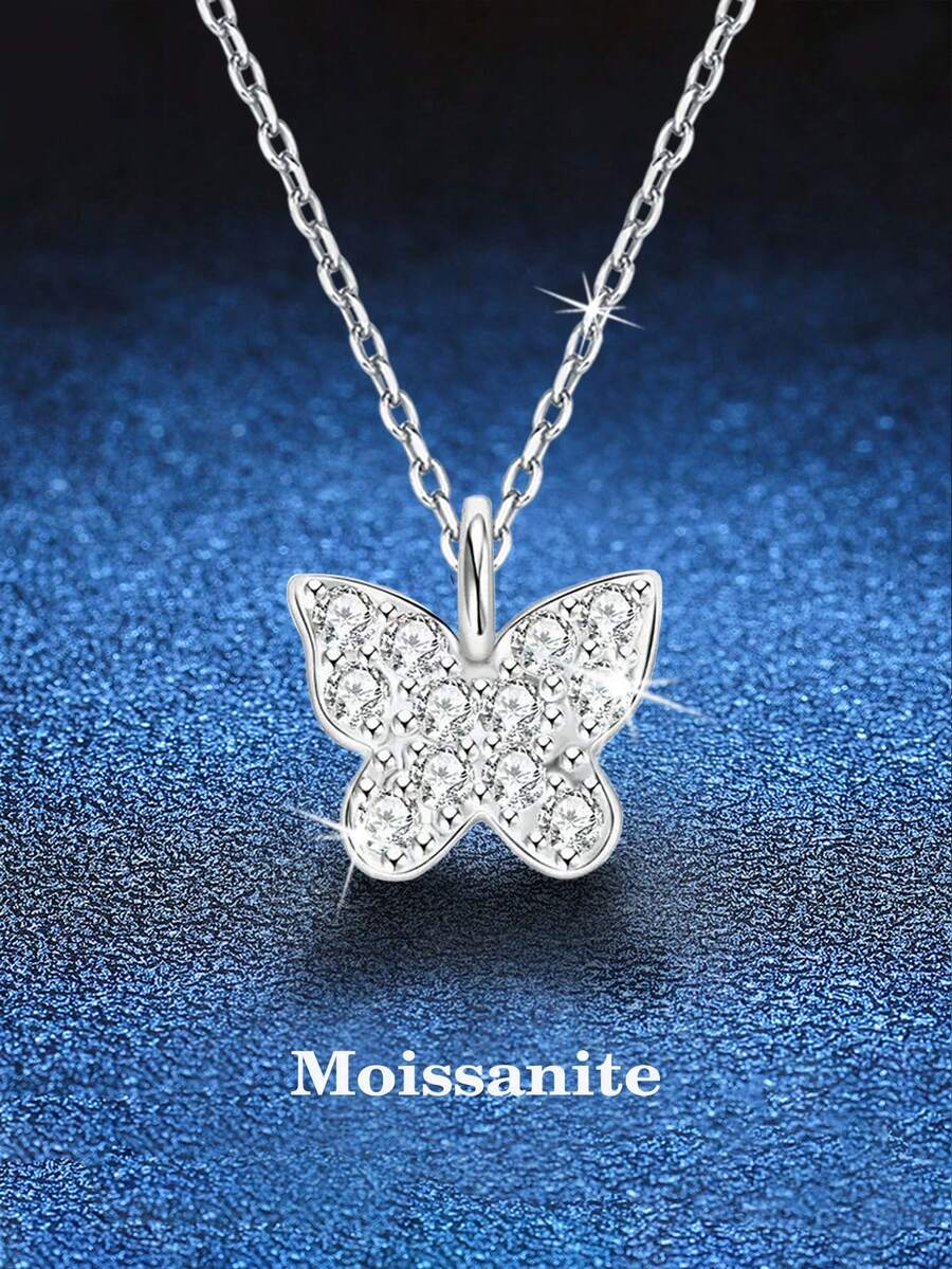 BLOVEMEE 1pc Elegant 925 Sterling Silver 0.6ct 1.4mm Moissanite Butterfly Necklace, Suitable For Women's Daily Wear, Women's Silver Jewelry, Party & Commute, Valentine's Day, Mother's Day, Birthday, Wedding Anniversary Gift - Silver - View 1