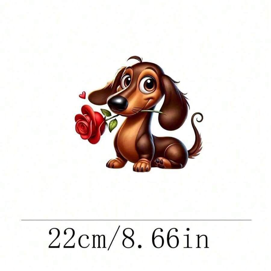 1pc/2pcs/3pcs Cartoon Dachshund Holding Red Rose Artistic Heat Transfer Print, DIY Iron-On Fabric Patch, Suitable For T-Shirts, Hoodies, Baseball Caps, Canvas Bags And Other Fabric Decorations - L - View 1