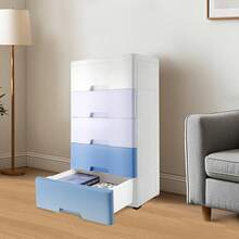Plastic Drawers, 5 Tier Stackable Storage Containers, Dresser Storage Cabinet With Wheels, Vertical Clothes Storage Tower, Chest Closet For Bedroom Study Living Room Powder Room Beauty Store - Blue - View 4