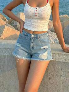 Shorts vaqueros casuales de mujer con bolsillos, pierna ancha y efecto desgastado - Lavado ligero - Ver 5