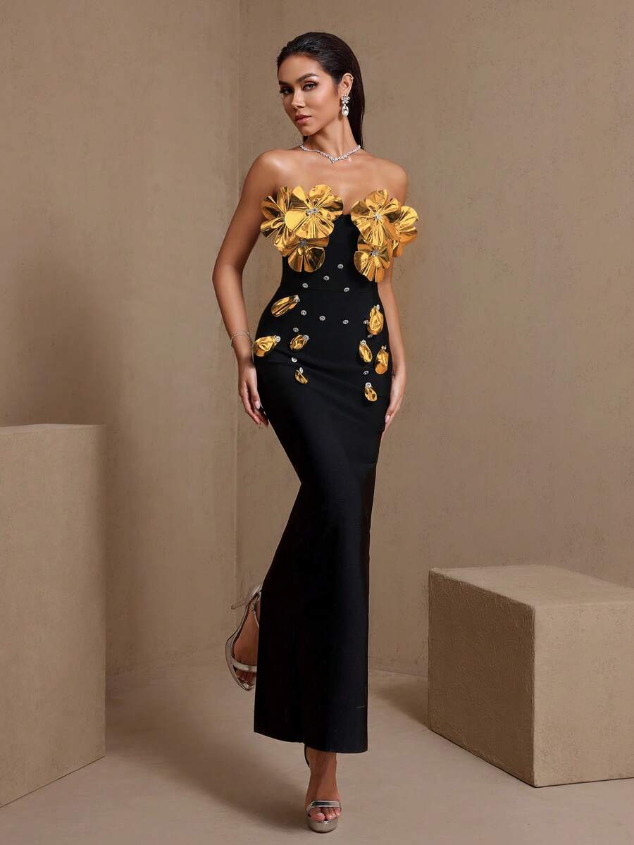 3D立体花卉夸张荷叶边拉链正式晚礼服婚礼春季派对