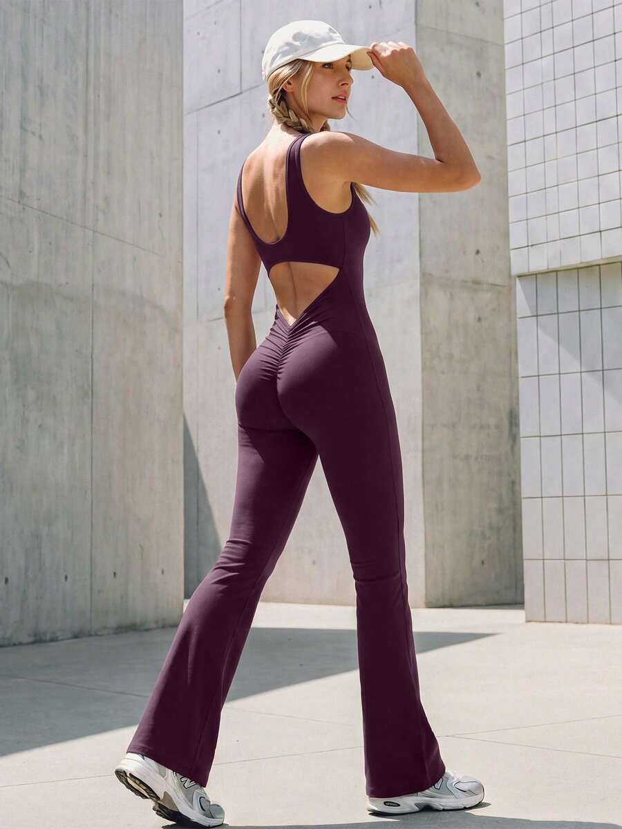 1 pieza Mono de yoga sin costuras y de moda para mujer, diseño de espalda hueca sexy, conjunto de entrenamiento de baile, mono deportivo suave y cómodo - Morado - Ver 1