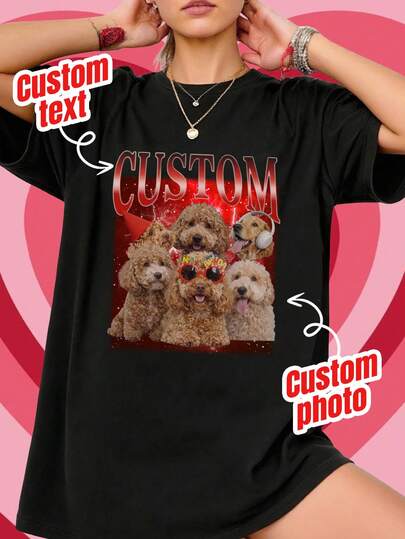 Customized Vintage Pattern 90s Bootleg Rap Dog T-Shirt, Gift For Girlfriend/Wife, Valentine's Day Gift, Pet Family Customization, Add Your Own Text And Images (Family Photo/Selfie/Pet Photo/Friend Photo/Party Photo) To Design Your Personalized Printed T-Shirt