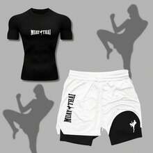 2-In-1 Shorts Set: Men's Compression T-Shirt, Muay Thai, UV Protection, And Shorts For Gym, Fighting, MMA, And Running. - 白色 - 查看 1
