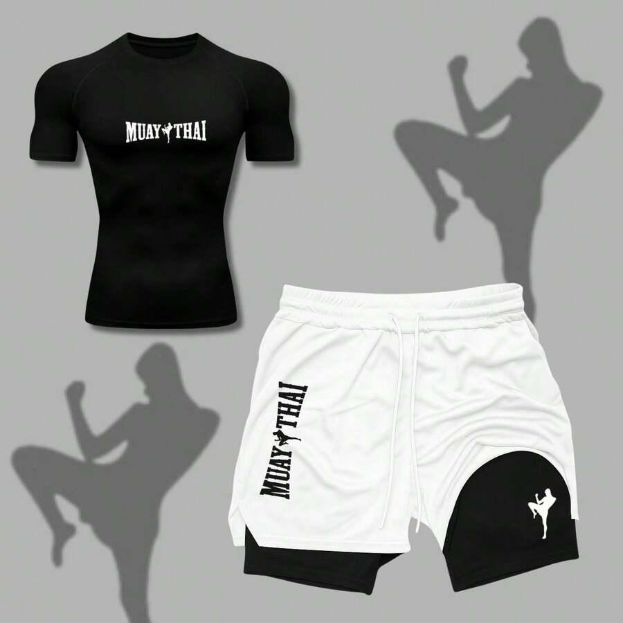 2-In-1 Shorts Set: Men's Compression T-Shirt, Muay Thai, UV Protection, And Shorts For Gym, Fighting, MMA, And Running. - 白色 - 查看 1