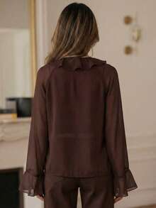 Women's Elegant Design Long Sleeve Shirt, Ruffled Collar, Pleated Front, Drawstring Cuffs, Lightweight Drape Fabric, Suitable For Business, Casual, Office, Daily, Airport, Single Party, Holiday Wear, Spring/Summer - Coffee Brown - View 3