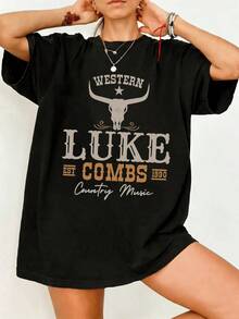 Luke Combs Western Country Music Retro Bull Skull Vintage Graphic T-Shirt 100% Cotton Country Streetwear Tee For Men Women Luke Combs Fans - 黑色 - 查看 1