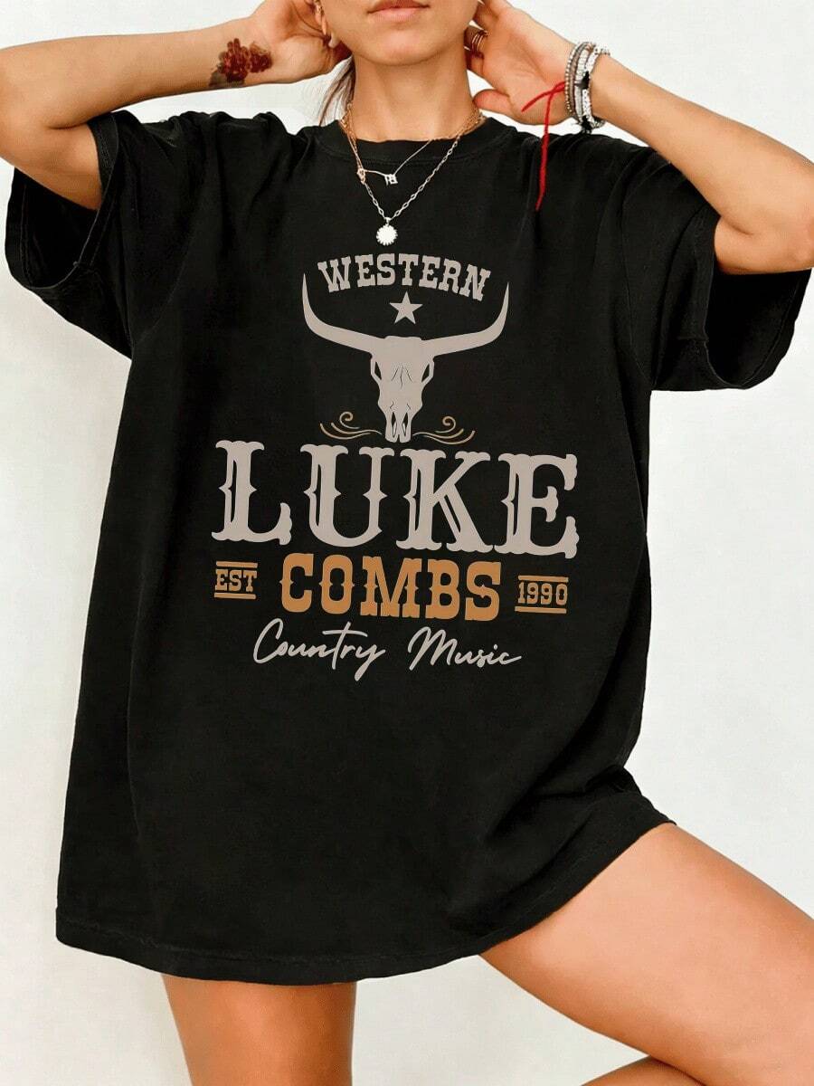 Luke Combs Western Country Music Retro Bull Skull Vintage Graphic T-Shirt 100% Cotton Country Streetwear Tee For Men Women Luke Combs Fans - 黑色 - 查看 1