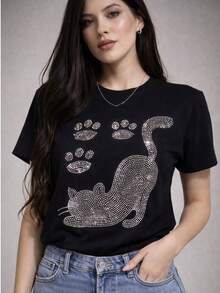Women's T-Shirt With Kitten Print And Shiny Rhinestones - Black - View 5