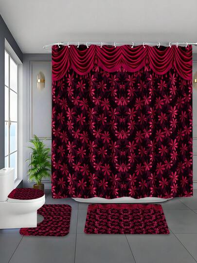1 Set/4 Pcs Elegant Red Floral Shower Curtain Set, Includes 12 Hooks, Non-Slip Toilet Seat Cover, Washable Polyester Mat, Waterproof, Fashionable Home Decor Bathroom Accessories | Floral Pattern | Polyester Material, Bathroom Decor