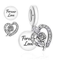 1件 S925 純銀鏤空愛心玫瑰雙墜飾，鑲鋯石刻字「Forever Love」永恆之愛 DIY 手鍊穿孔銀珠吊墜 - 銀色 - 查看 5