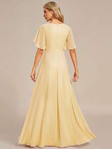 EVERPRETTY Elegant V-Neck Embroidered Ruffle Sleeve Pleated Chiffon Bridesmaid Dress, Formal Dress, Wedding Guest Dress Spring - Yellow - View 3