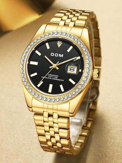 DOM 1pc Luxury Business Calendar Luminous Men's Watch, Gold Steel Band Waterproof Quartz Watch, Fashionable And Durable, Suitable For Daily Wear And Any Occasion, Perfect Gift