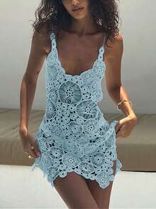 Women Summer Holiday Crochet Dress Swimsuit Coverups Low Cut Hollow Out Irregular Hem Beach Boho Mini Dress - Baby Blue - View 1