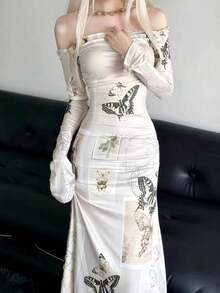 Vestido largo escote hombros descubiertos manga larga estampado mariposa cintura alta ajustado - Blanco - Ver 9
