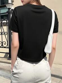 复古美式纯色修身短袖T恤，独特设计，女士休闲夏季上衣，黑色 - 黑色 - 查看 5