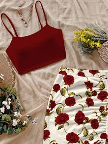 女士两件套，花卉印花，随机玫瑰花满版印花，波西米亚风优雅抽绳荷叶边下摆开衩，时尚休闲度假装 - 酒紅色 - 查看 5