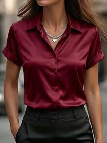 Look Polly 女士春夏优雅奢华缎面翻领半扣卷边袖短袖衬衫酒红色办公室派对装 - 酒紅色 - 查看 3
