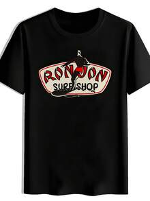 Men'S RonJon Surf Shop Graphic T-Shirt - Black Casual Short Sleeve Tee With Red & White Surfboard Design, Lightweight Polyester For Summer Beach, Travel, And Casual Attire, Beach T Shirt - 黑色 - 查看 6