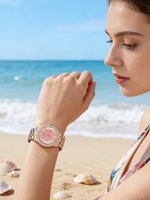 Guess Women's Luxury Rose Gold Quartz Watch, Encrusted With Sparkling Diamonds On Bezel, Pink Glitter Dial, Elegant Stainless Steel Bracelet, Suitable For Daily Wear And Parties - Rose Gold - View 2