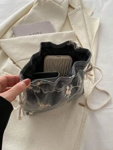 2025 New Drawstring Small Handbag For Women, Minimalist Fashion Versatile Ins Style Lace Bucket Bag - Black - View 9