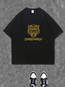 オーバーサイズ メンズ 100% Tシャツ 漫画タイガープリント クルーネック カジュアルスタイル 若干ストレッチ 大人に最適 夏 ゆったりフィット ニット生地 200gm2 - ブラック - チェックする 2