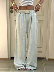 Sunny Girly Summer Women's Y2K Cotton Green Straight-Leg Pants, Suitable For Loungewear, Casual Daily, Street Style, Commuting, Beach And Vacation. - Green - View 2