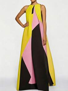 Magic Mia Women's Color Block Maxi Dress - Halter Neck With Bold Geometric Paneling & Side Pockets |  Fit For Evening Galas, Wedding Guest Attire, Date Nights, Vacation Getaways, Bridal Showers, Art Gallery Openings & Statement Styling (Eye-Catching & Confidence-Boosting) For Head-Turning Looks - 彩色 - 查看 3