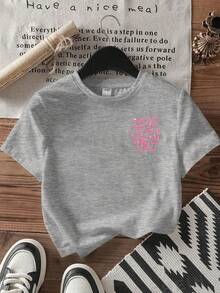 Girls Round Neck Short Sleeve Printed Slogan T-Shirt, Spring Summer Casual Young Girl Tee - Grey - View 2