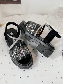 Rainbow Woven Platform Sandals​ With Adjustable Ankle Strap - Black - View 3