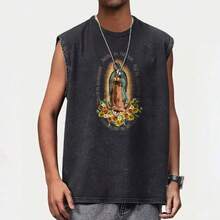 Vintage Men's Tank Top - Our Lady Of Guadalupe Print And Text - Perfect For Casual Wear - Autumn/Winter Layering Undershirt - Ideal Halloween/Christmas Gift Choice - 黑色 - 查看 2